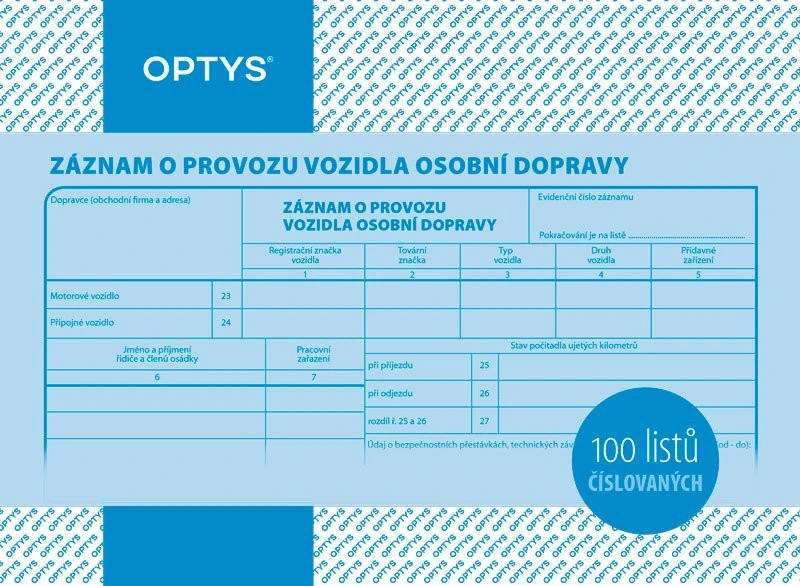 [TLCZ2750] Záznam o provozu vozidla osobní dopravy A5, číslovaný, 100 listů OPTYS