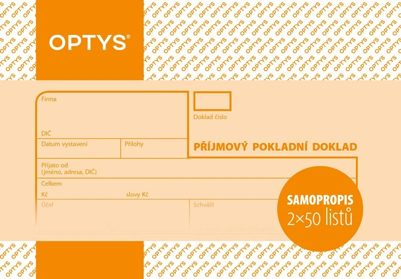 [TLCZ0440] Formulář Příjmový pokladní doklad Optys, A6, samopropisovací, 2x50 listů
