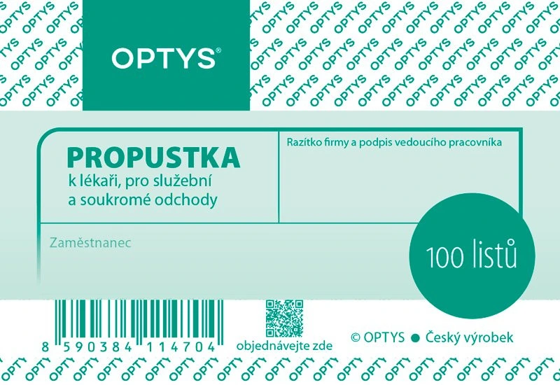[TLCZ0290-C] Tiskopis Propustka Optys, A7, 100 listů (Smluvní)