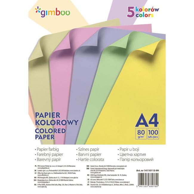Barevný papír Gimboo A4, 100 listů, 80g, 5 pastelových barev