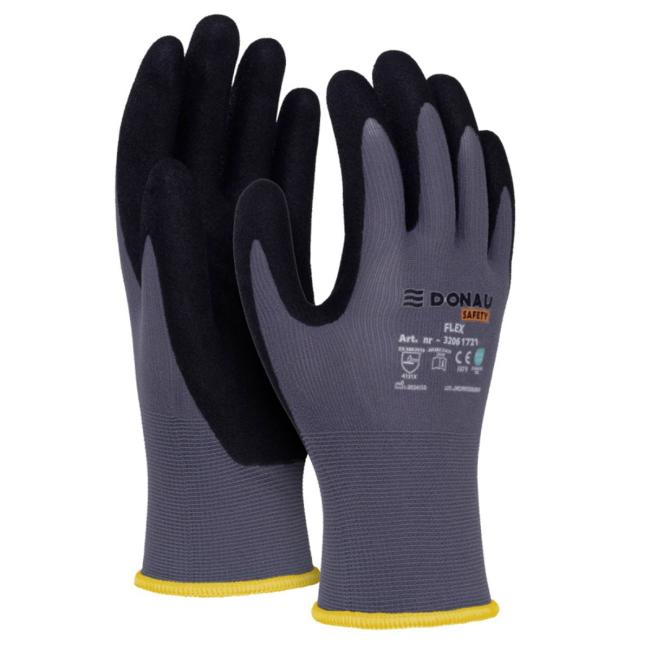 [DO172110] Rukavice pletené, polomáčené DONAU SAFETY Flex, kat. II šedé vel. S 10