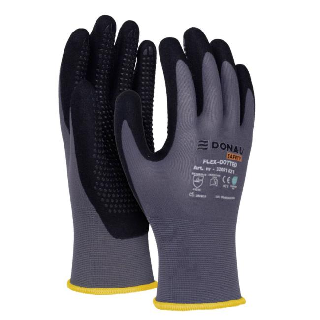 [DO182110] Rukavice pletené, polomáčené DONAU SAFETY Flex-Dotted, kat. II šedé vel. S 10