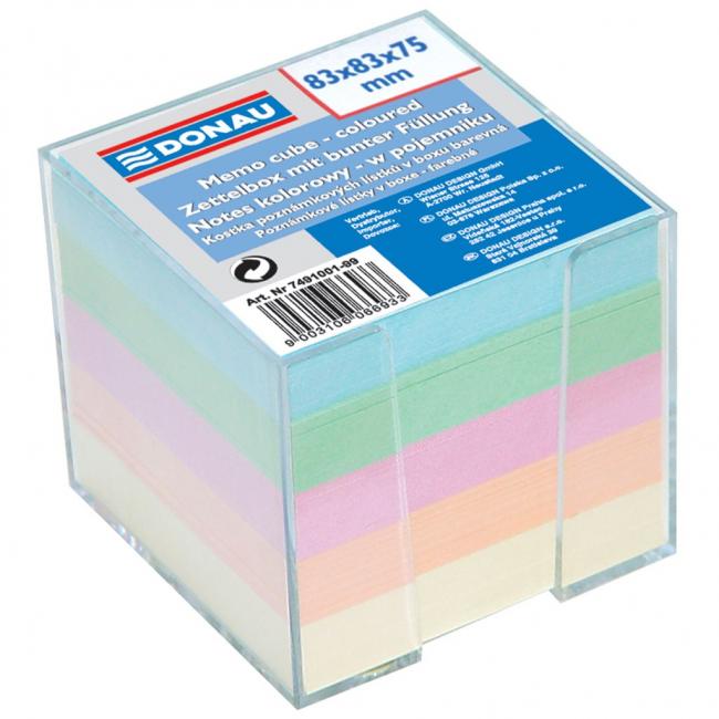 [DO491001] Poznámkový bloček kostka nelepená, 83x83x75 mm, pastelové barvy, čirá krabička