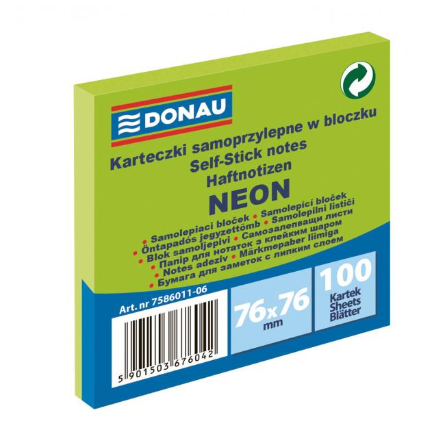 Bloček Donau neonový, 76 x 76 mm, zelený, 100 lístků