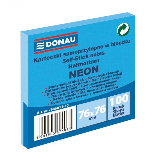 Samolepící bloček Donau neonový, 76 x 76 mm, modrý, 100 lístků