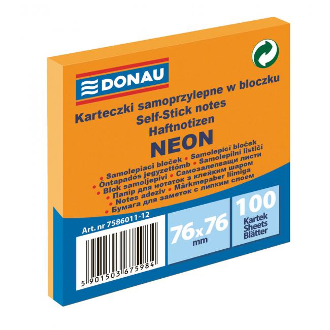 Bloček Donau neonový, 76 x 76 mm, oranžový, 100 lístků
