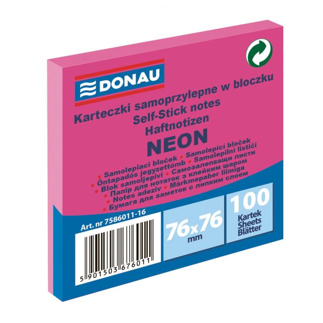 Samolepící bloček Donau neonový, 76 x 76 mm, růžový, 100 lístků