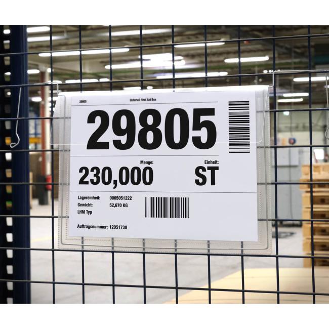 [DU118819] Závěsná kapsa s drátěným věšákem a klopou na šířku A4, 50ks, transparentní Kapsa na dokumenty z polypropylenové fólie A4