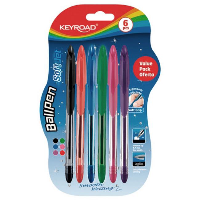 Kuličkové pero KEYROAD Soft Jet 0,7 mm, blistr 6 ks, mix barev