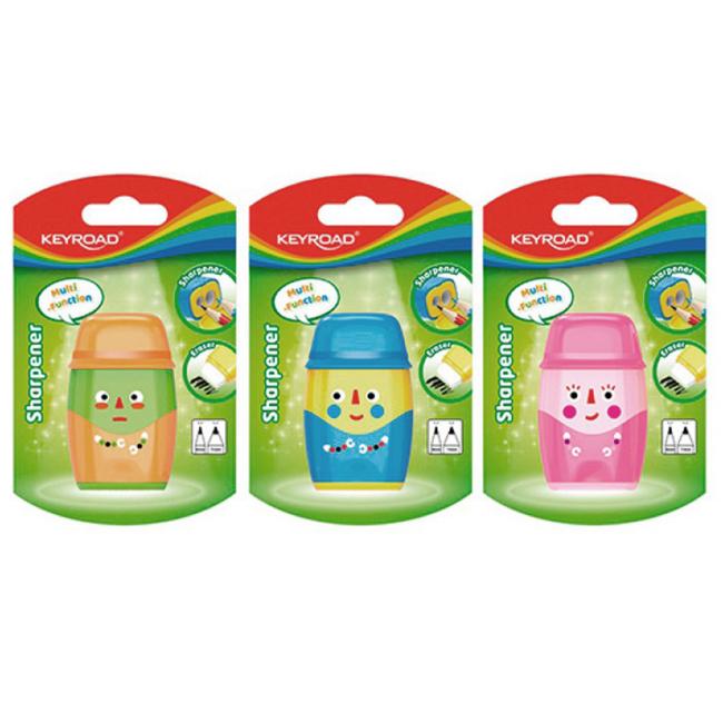 Struhadlo KEYROAD Hello plastové se dvěma otvory a gumou, blistr, mix barev