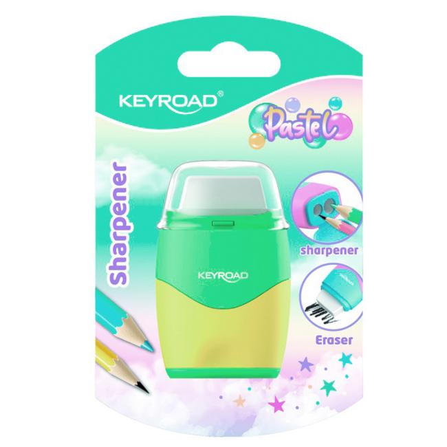 [EC972411] Struhadlo KEYROAD Pastel color collection! plastové se dvěma otvory a gumou, blistr, mix barev