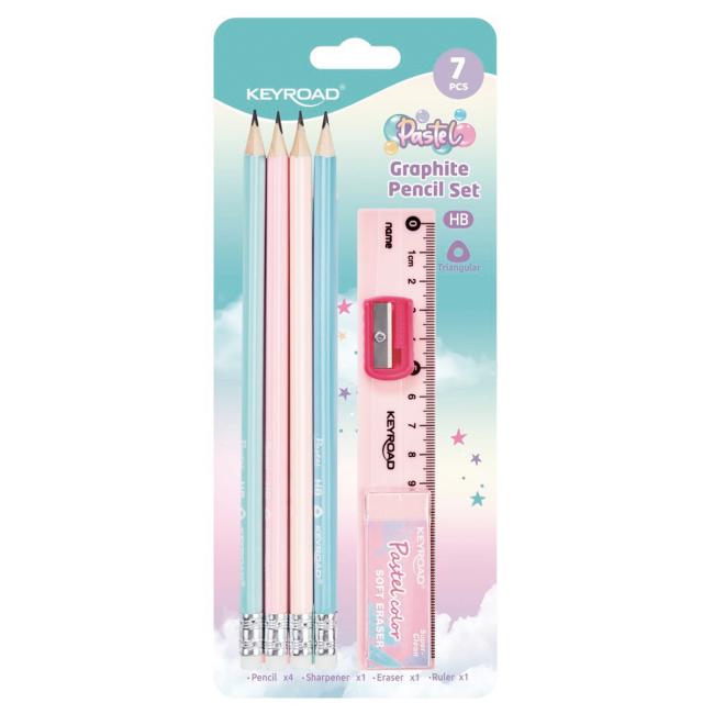 Sada školních pomůcek KEYROAD Pastel, blistr 7 ks, mix barev