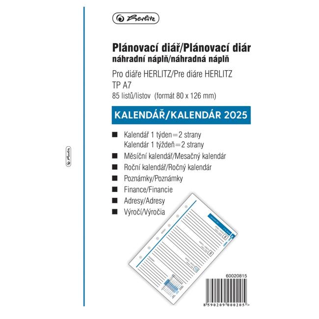 [HL953006] Náhradní náplň do týdenního diáře TP A7 2025