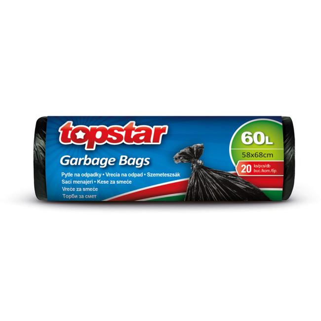 Brašny na vázání TOPSTAR 60 ℓ, 58 x 68 cm 9 mic., černé (20 ks)