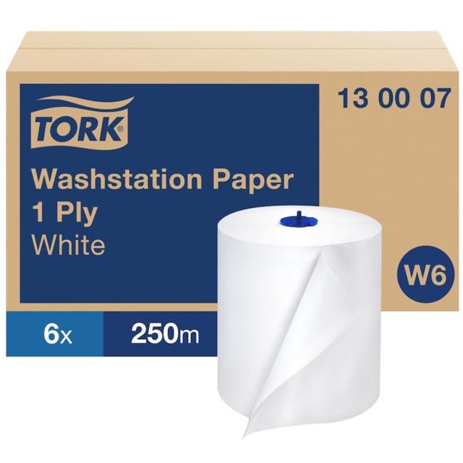 Papírové utěrky v roli 1-vrstv. TORK Basic bílé W6, návin 250 m (6 ks)