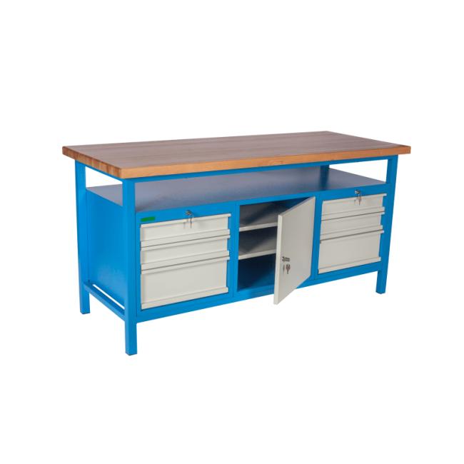Pracovní stůl se skříňkou a 6 zásuvkami, v.85 x š.170 x h.68,5cm, RAL7035 šedá, RAL5015 modrá